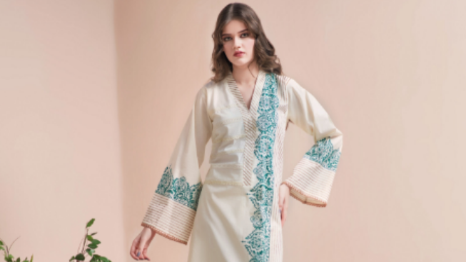 Cream and Green Color 2 Piece Dress