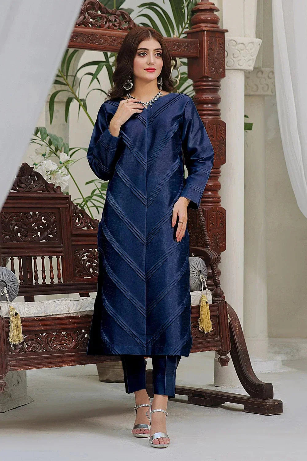 2PC Stitched Silk Shirt & Trouser Navy Blue KFS-2370 KHAS STORES