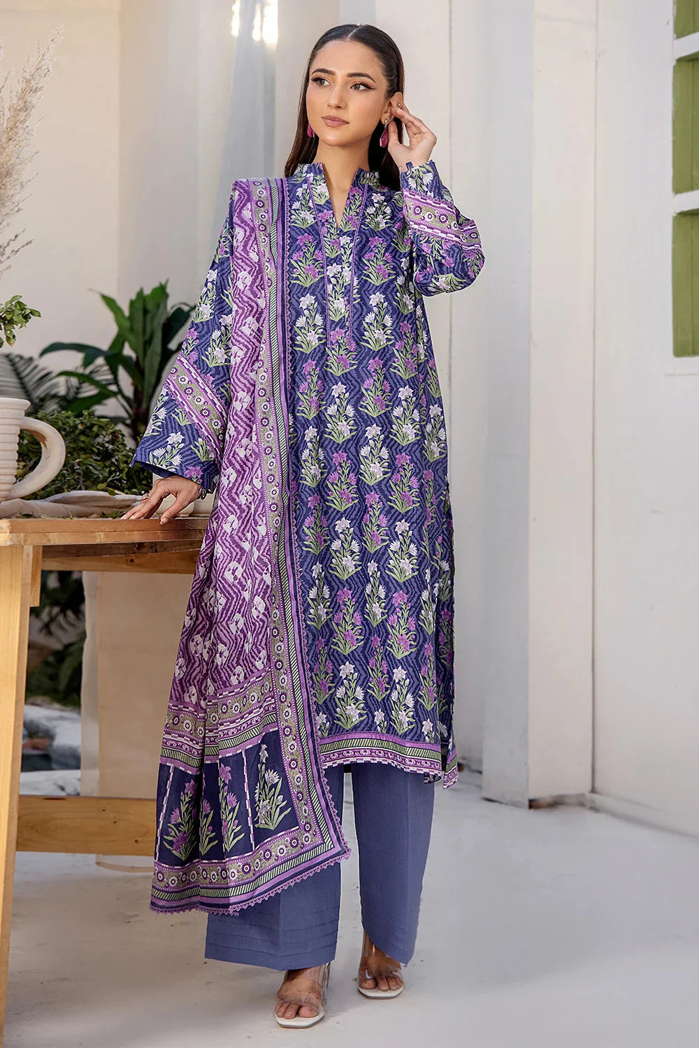 3PC Printed Unstitched Lawn Suit KLA-2708 Blue Printed KHAS STORES