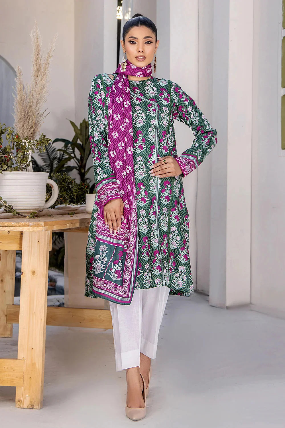 3PC Printed Unstitched Lawn Suit KLA-2708 Green Printed KHAS STORES