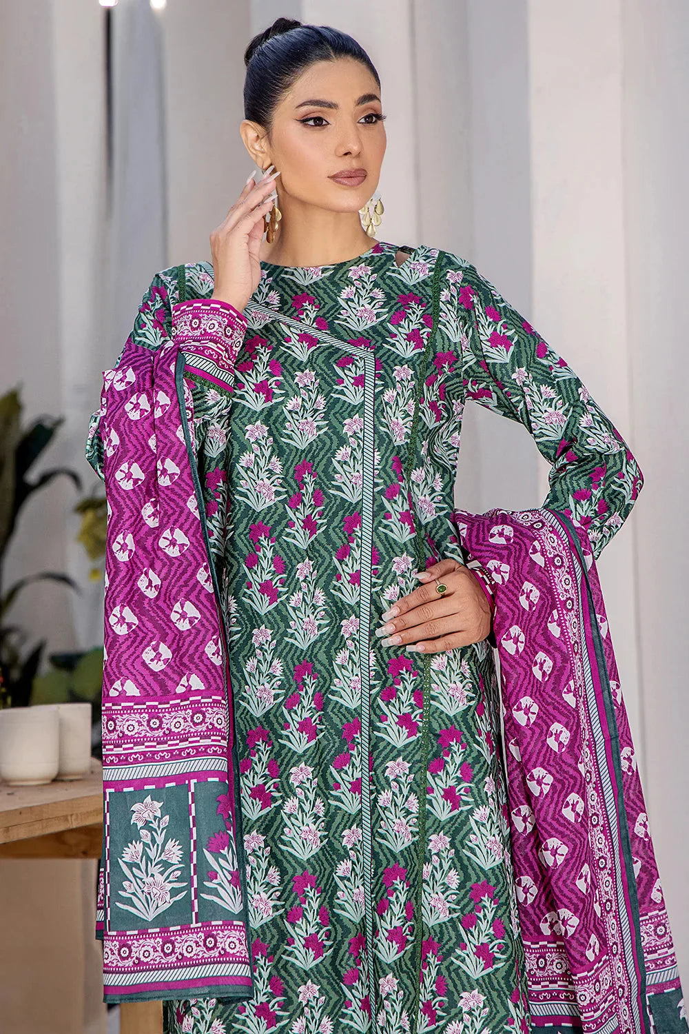 3PC Printed Unstitched Lawn Suit KLA-2708 Green Printed KHAS STORES