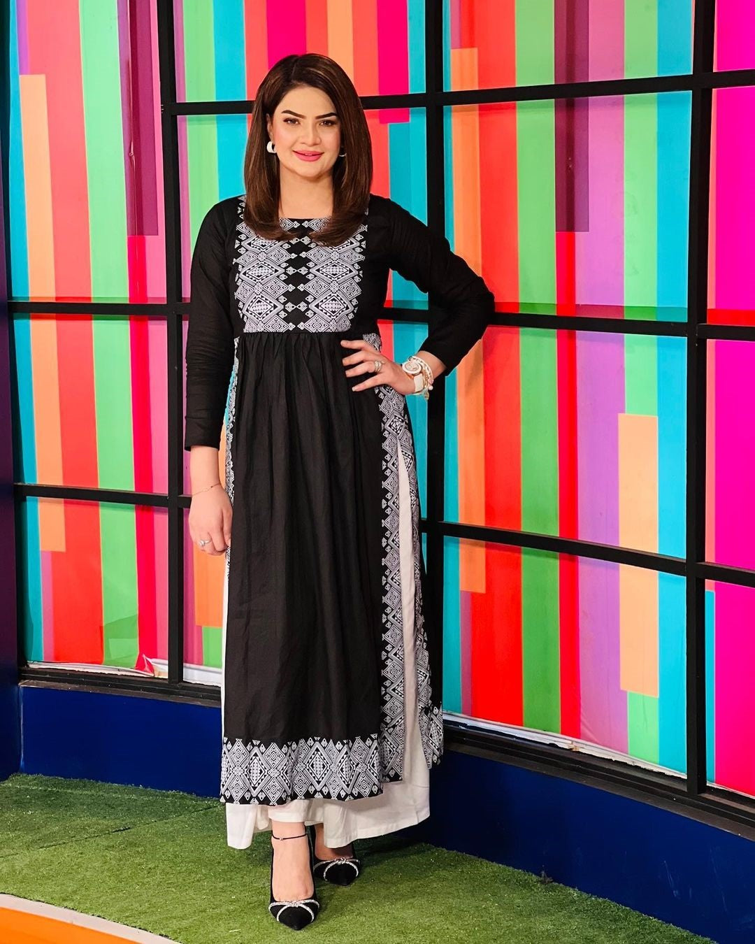 Black silver printed long kurta