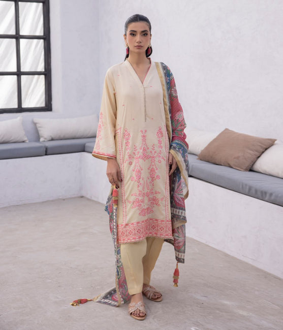 Shirt Trouser Dupatta - Beige - Lawn Suit - 1139
