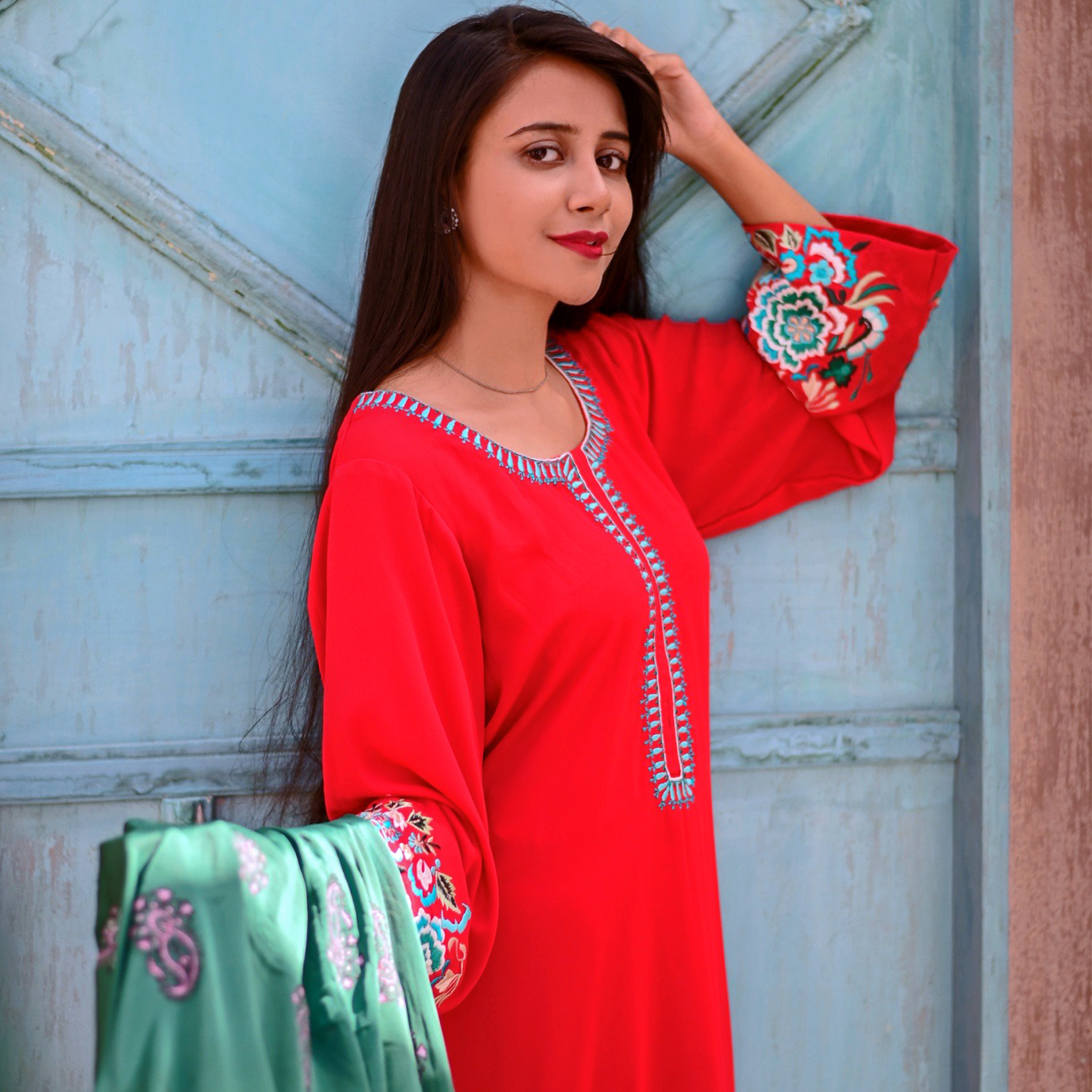 Red Malai Georgette Shirt(3 Piece Stitched)
