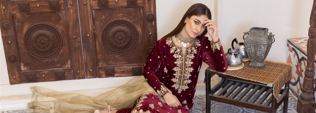 Maroon velvet embroidered dress