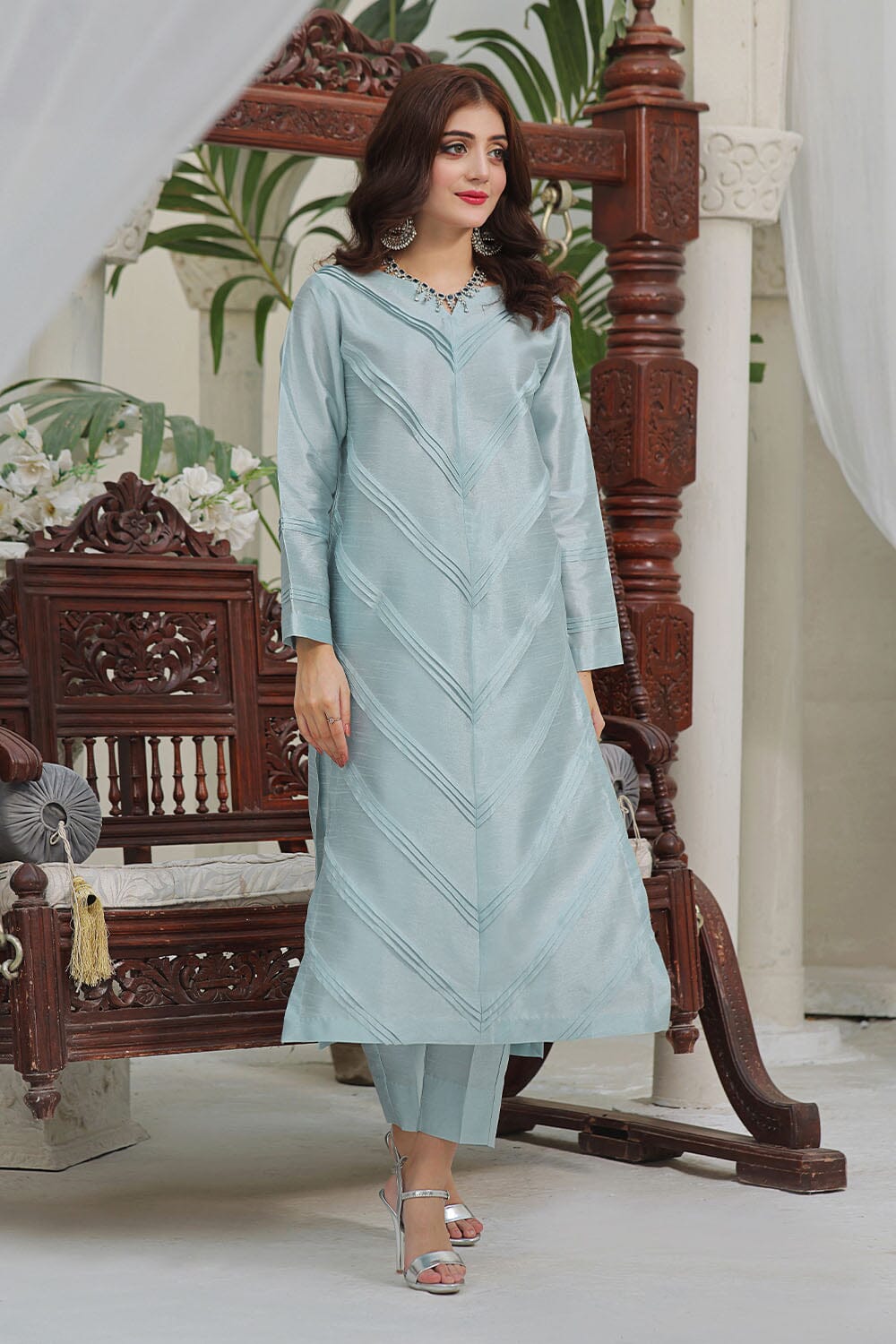 2PC Stitched Silk Shirt & Trouser Sky Blue KFS-2370 KHAS STORES 