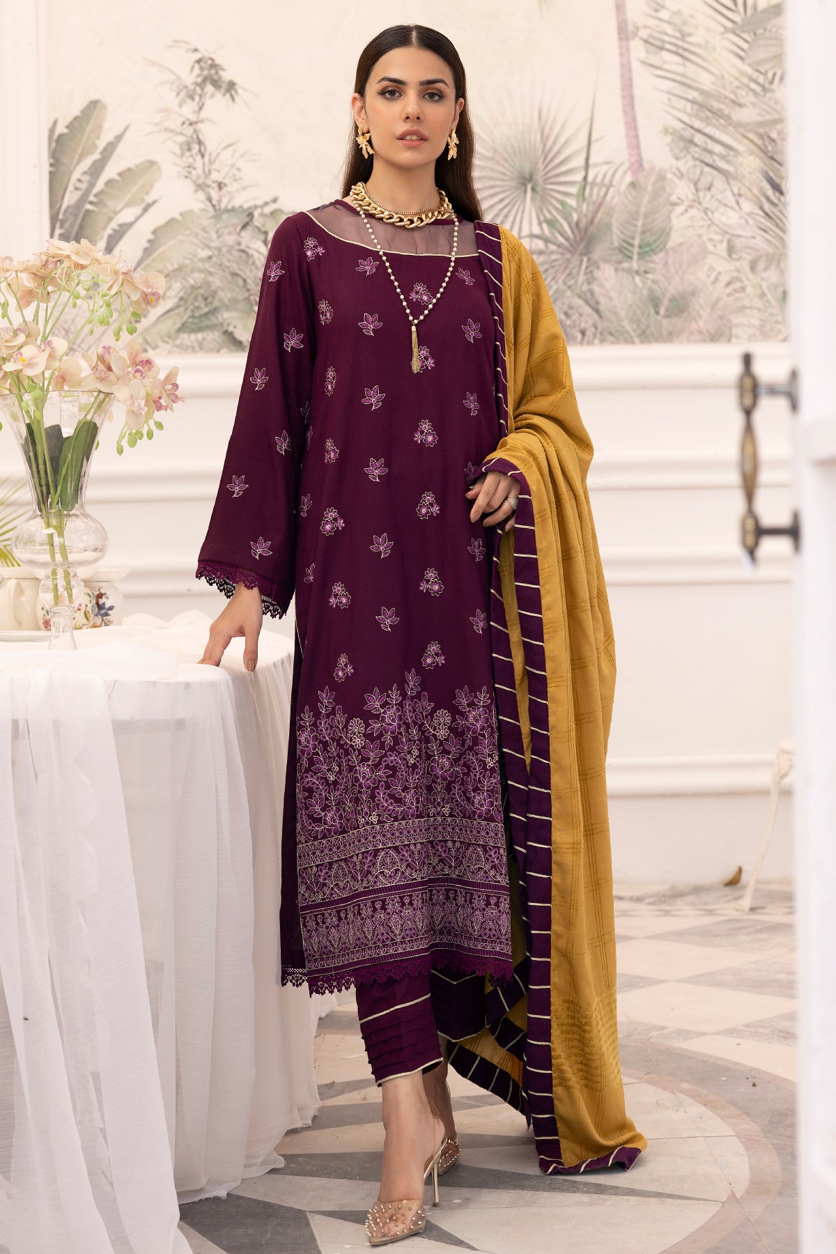 Saffron SA-09 : Unstitched Embroidered Dhanak 3PC