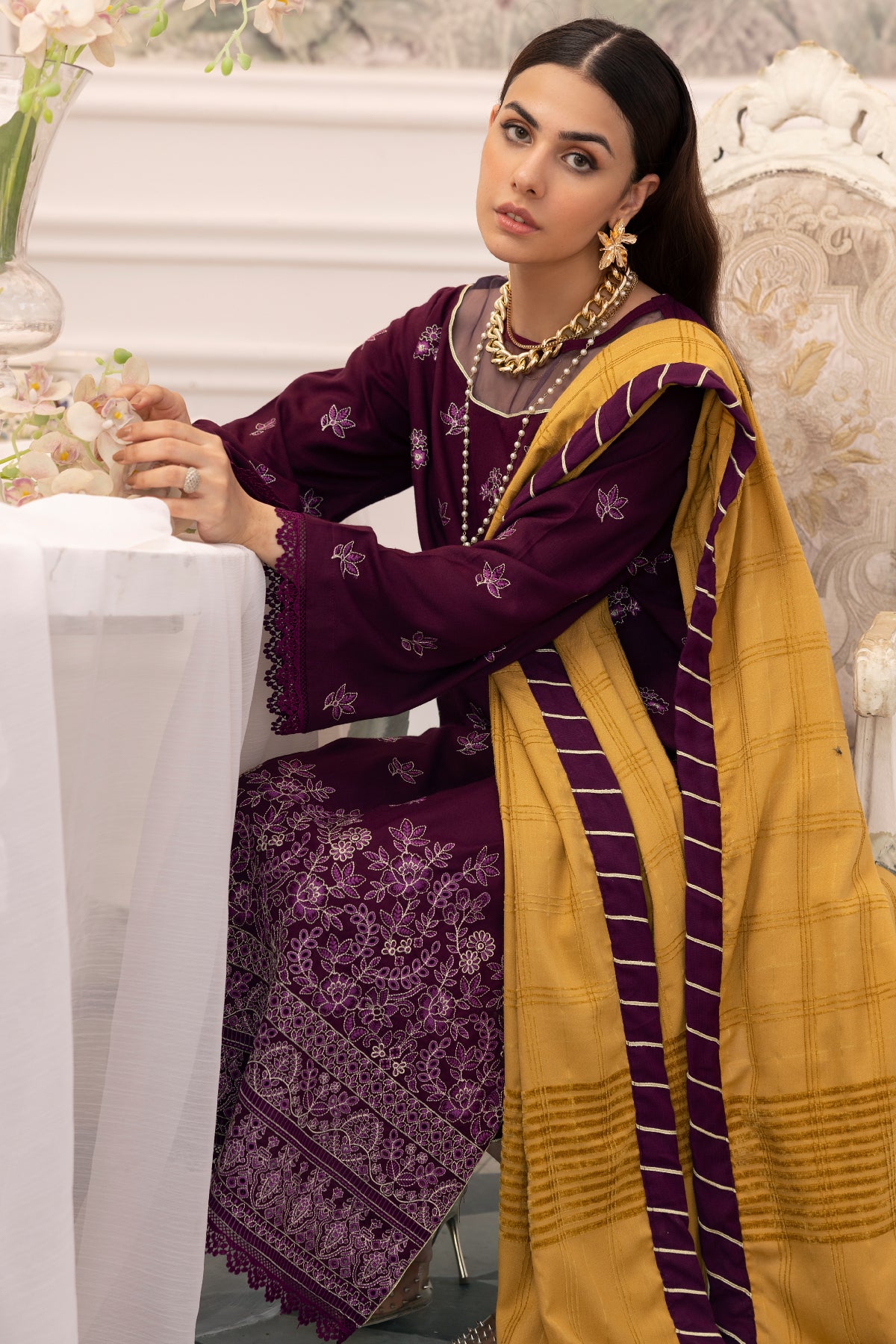 Saffron SA-09 : Unstitched Embroidered Dhanak 3PC