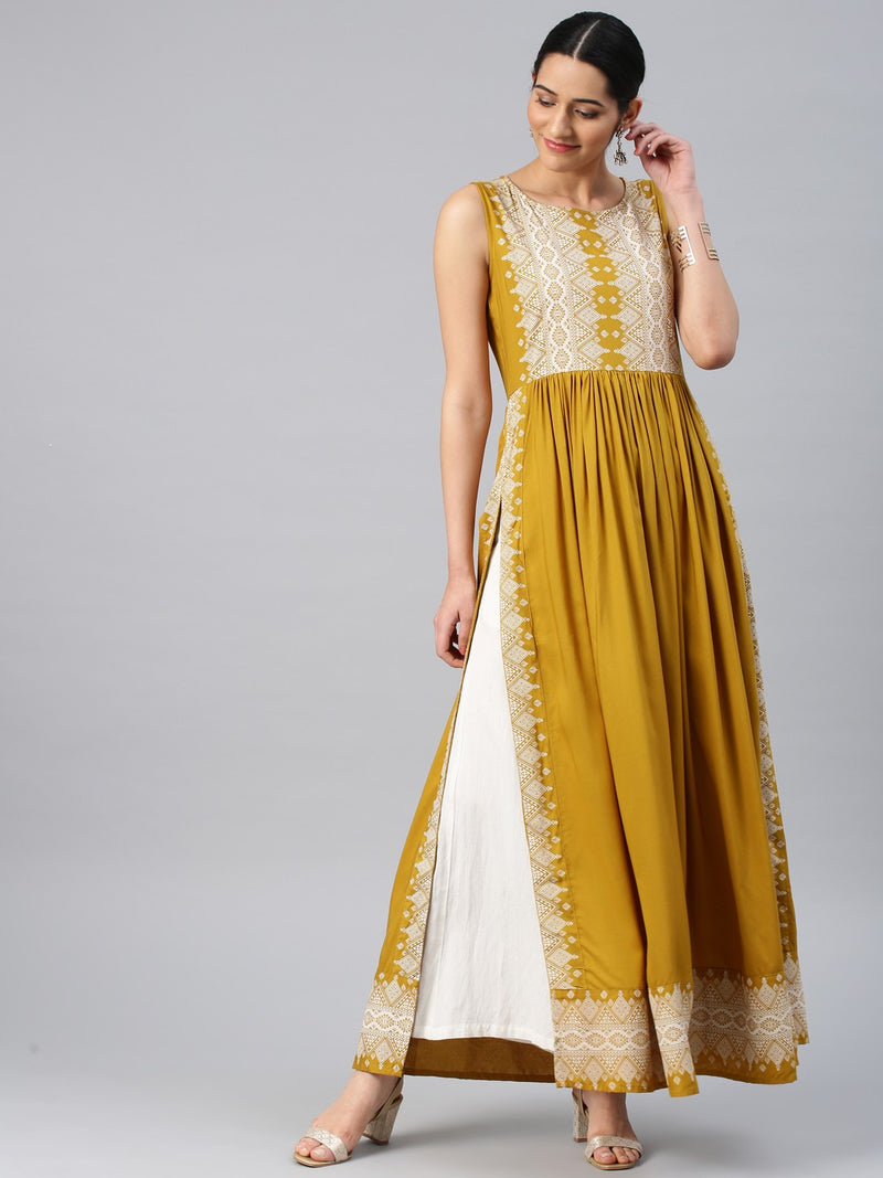 Mustard yellow printed long kurta