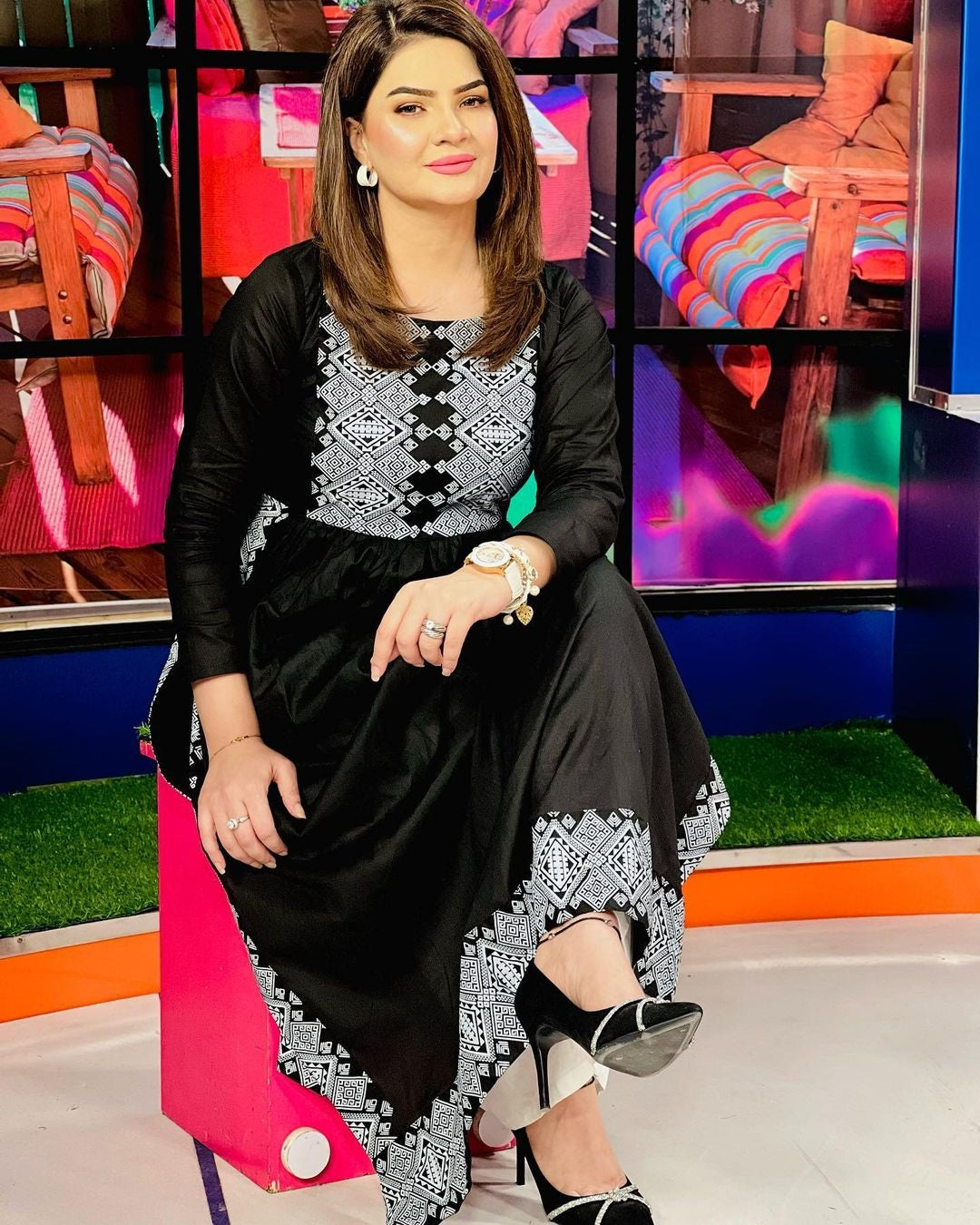 Black silver printed long kurta