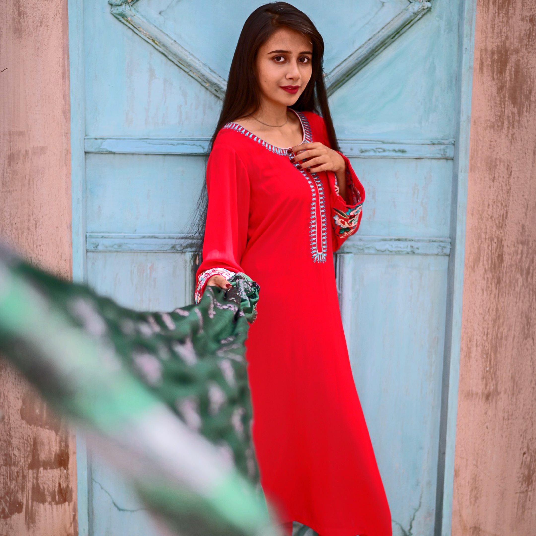 Red Malai Georgette Shirt(3 Piece Stitched)