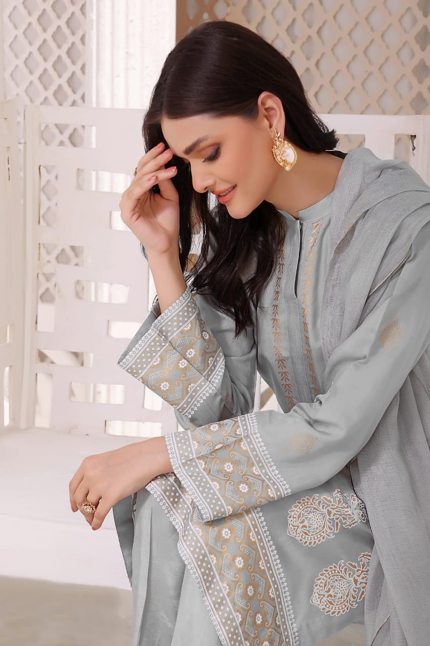 3 piece viscose silk block print - Pastel Mist
